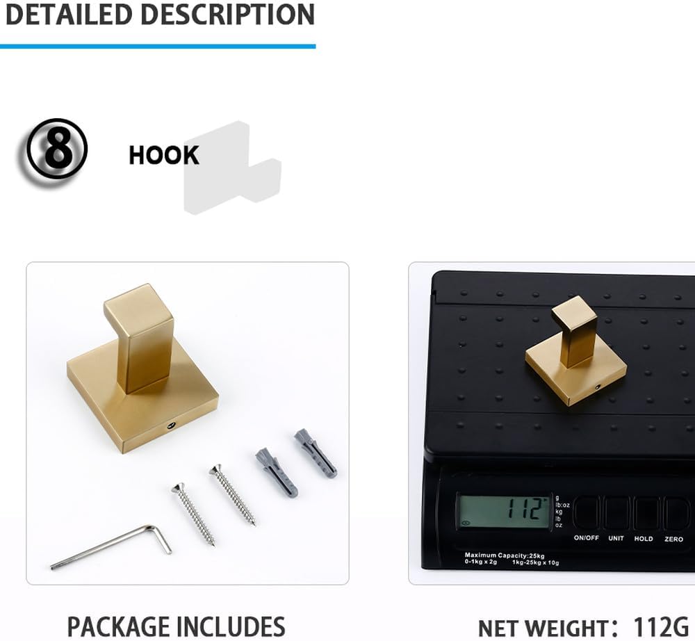 Brushed Gold Bathroom Accessories Set 3-Piece Bathroom Hardware Set Wall Mounted Toilet Paper Holder Hand Towel Ring Robe Hook,BG 3 pcs Set