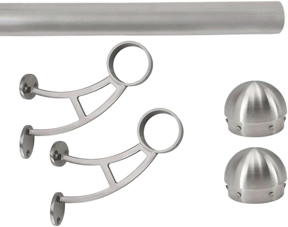 Solid Bar Mount Foot Rail Kit (Custom-Made), 2' OD Brushed Stainless Steel Tubing, Bar Mount Foot Rail Bracket, End Cap (Domed End Cap, 2 ft (24 in x 1))