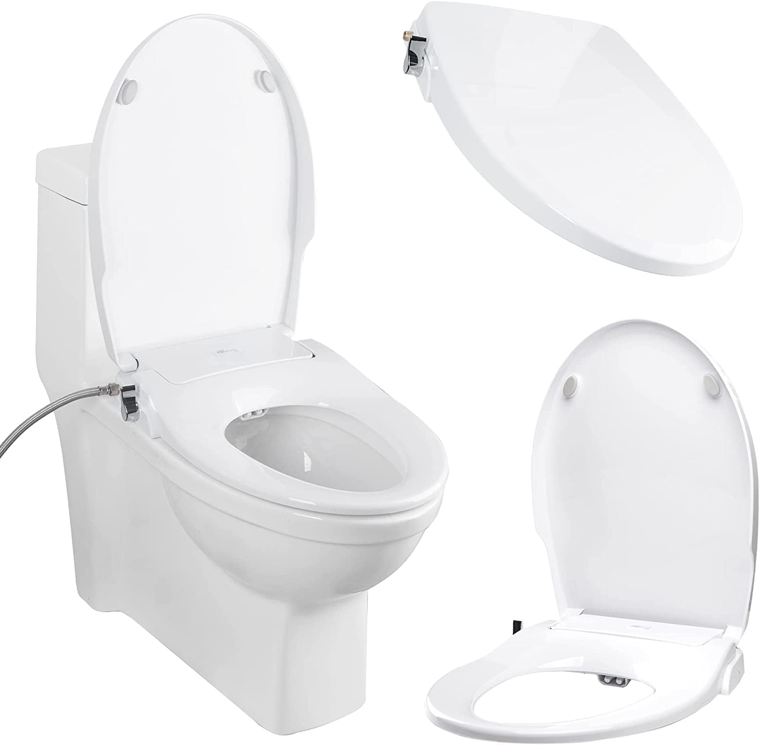 Bio Bidet Slim Zero Non Electric Bidet Toilet Seat Round, Low Profile Seat with Slow Close Lid, Battery Powered Night Light, Dual Nozzles, White