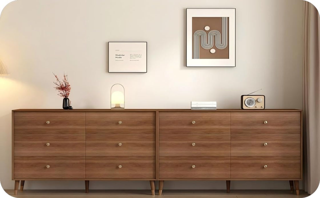 6 Drawer Dresser For Bedroom, 2 PCS 47 Inch Dresser for Closet with Walnut Frame, Modern Wood Chest of Drawers with Natural Texture & Pre-Embedded Slots For TV Stand, Living Room, Hallway, Office