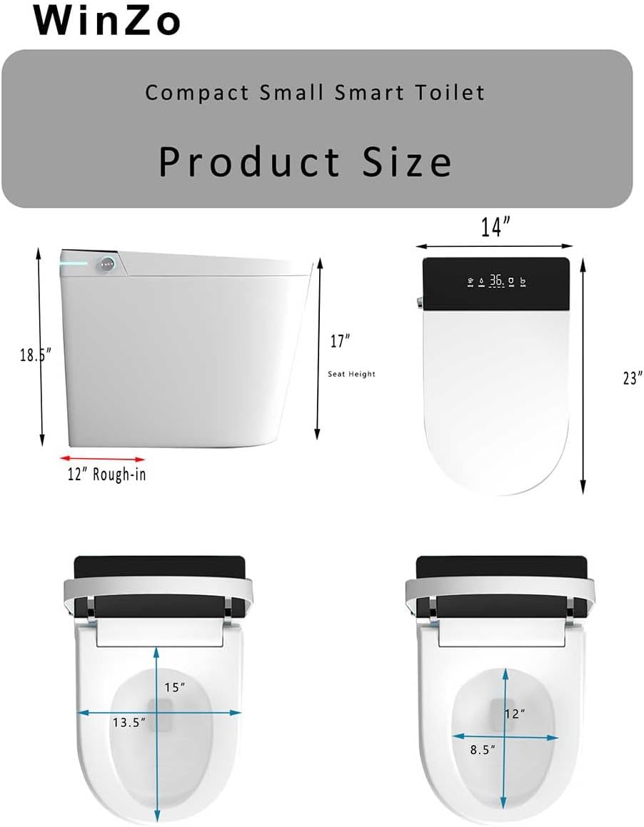 WinZo 23' Compact Smart Toilet with Bidet Seat Built-in For Small Space Bathroom, Auto Flush, LED, Night Light,Heated Bidet Seat with Warm Air Drying White