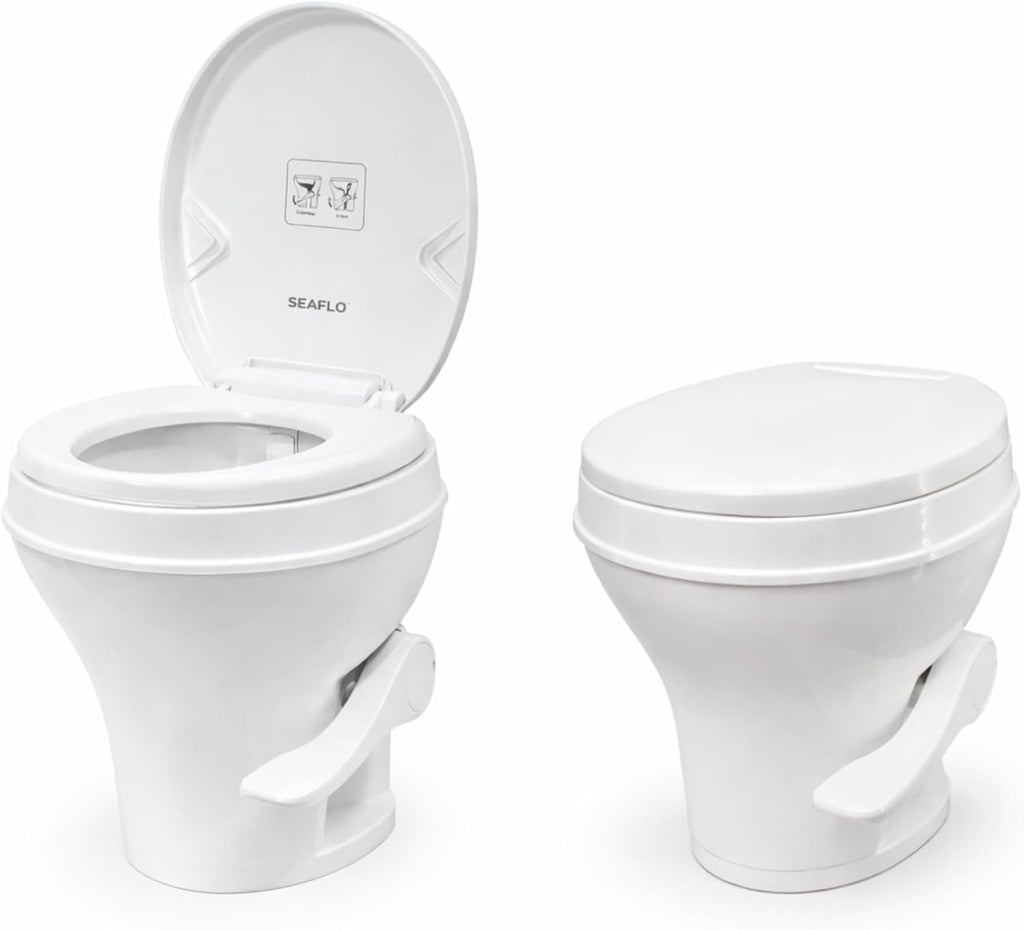 SEAFLO RV Toilet, Residential Height 18.4', Gravity Flush Foot Pedal, Soft Close Seat, Camper Toilet for RV Motorhome Travel Trailer, White, SFRTPH-01-01, 4-Year Warranty