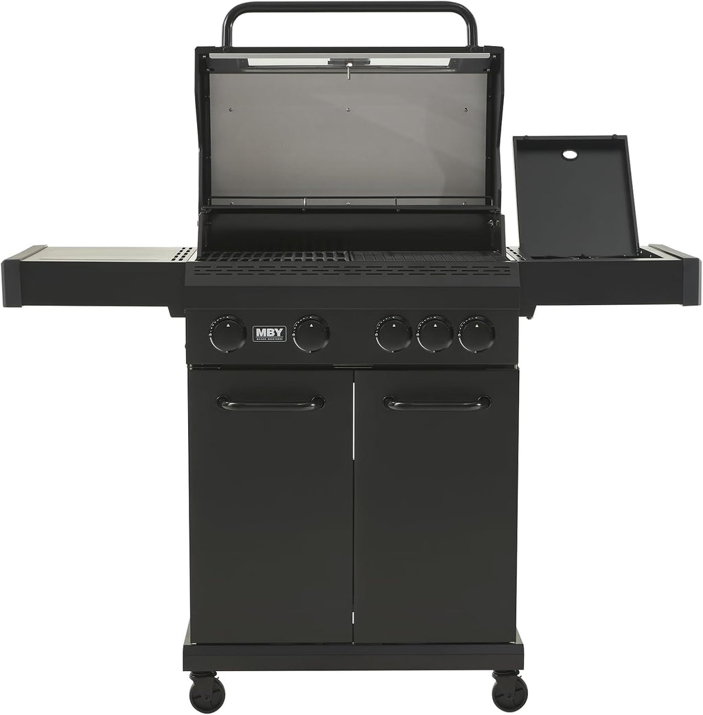 4 Burner Propane Grill,50000 BTU BBQ Grill with Side Burner and Enameled Cast Iron Grates,Visible Window Gas Grill with Wheels for Outdoor Cooking, Patio, Garden Barbecue Griliing
