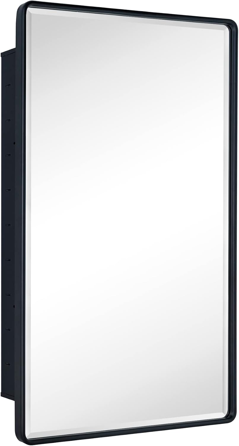 TEHOME Farmhouse Matt Black Recessed Bathroom Medicine Cabinet with Mirror Rounded Rectangle Metal Framed Medicine Cabinet with Beveled Mirror 24x36''