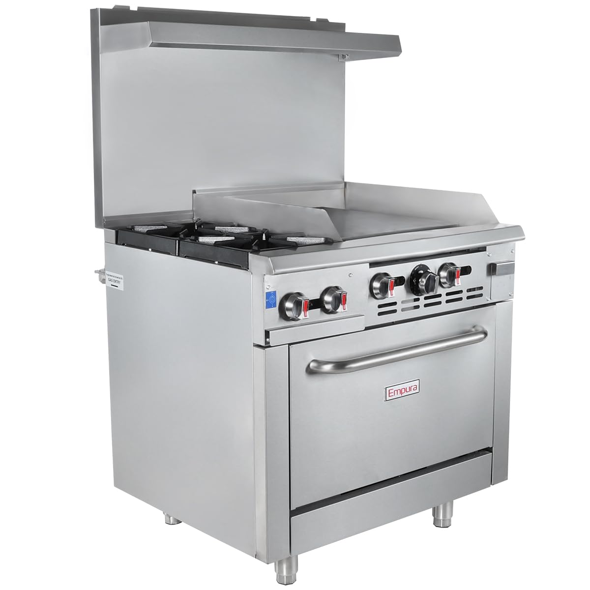 EMPURA 36' Freestanding Natural Gas Range | Cooking Stove with Single Standard Oven (2) Cast-Iron Open Burners and 24' Right Side Griddle | 130,000 BTU | 36'W x 32-1/4'D x 60-3/8'H, Stainless Steel
