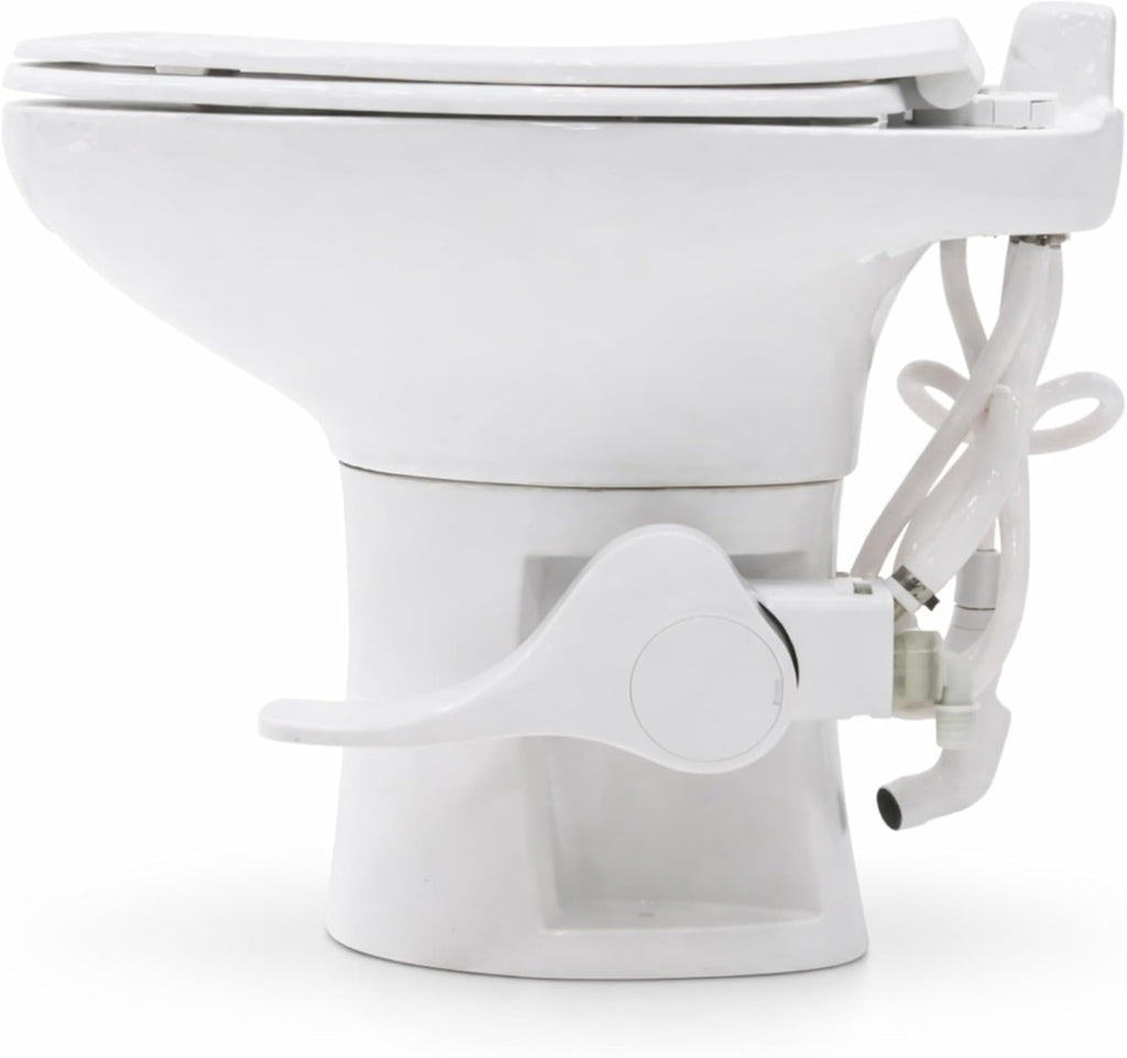 SEAFLO Porcelain RV Toilet with Sprayer Attachment - Elongated Bowl 19' Inch Residential Height, Gravity Flush, Foot Pedal Soft Close Seat Camper Motorhome Easy Install 4 -year Warranty SFRTCH-02-02