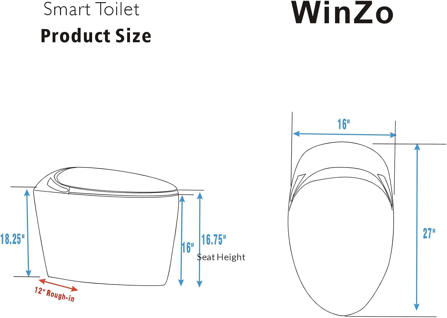 WinZo Luxury Smart Toilet With Bidet Seat, Elongated Egg Shaped Modern Design, Auto Open Auto Flush, Adjusted Heated Seat, Warm Water and Dryer, Night Light, Side Buttons, Matte Black
