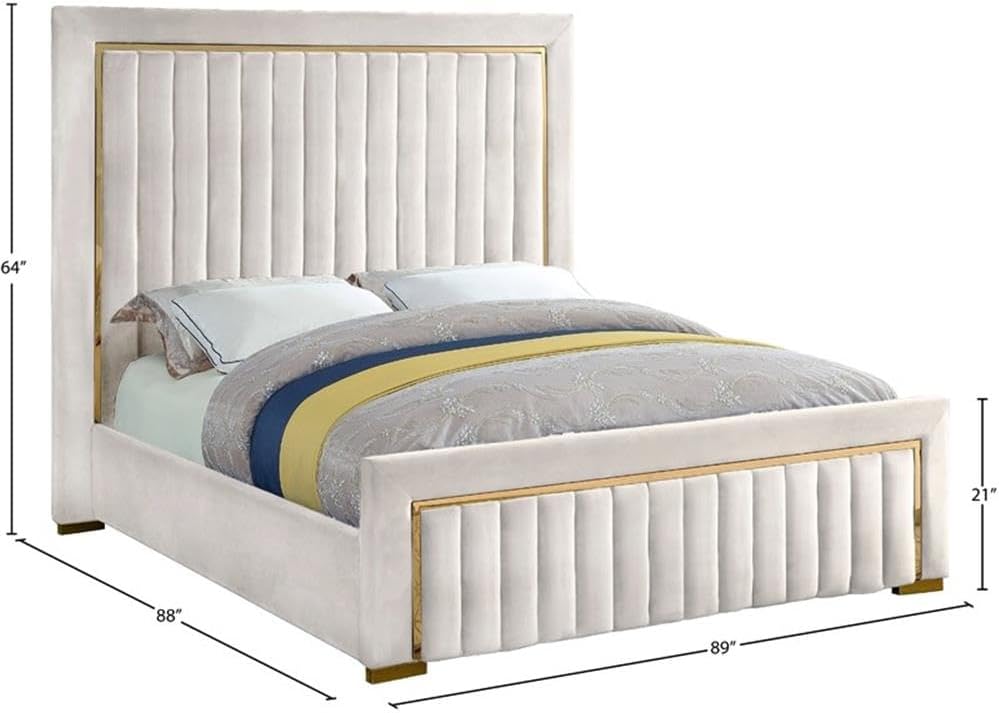 Meridian Furniture Dolce Collection Modern | Contemporary Velvet Upholstered Bed with Luxurious Channel Tufting and Gold Metal Trim/Legs, King, Cream
