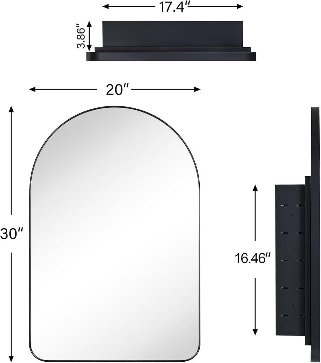 Matt Black Arched Recessed Bathroom Medicine Cabinet with Mirror Stainless Steel Metal Framed Rectangular Bathroom Cabinet with Mirror 20x30''