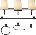 Globe Electric 63000206 5-Piece All-in-One Bathroom Set, 3-Light Vanity Light, Matte Black, Linen Shades, Towel Bar, Robe Hook, Toilet Paper Holder, Towel Ring, Bathroom Lights Over Mirror
