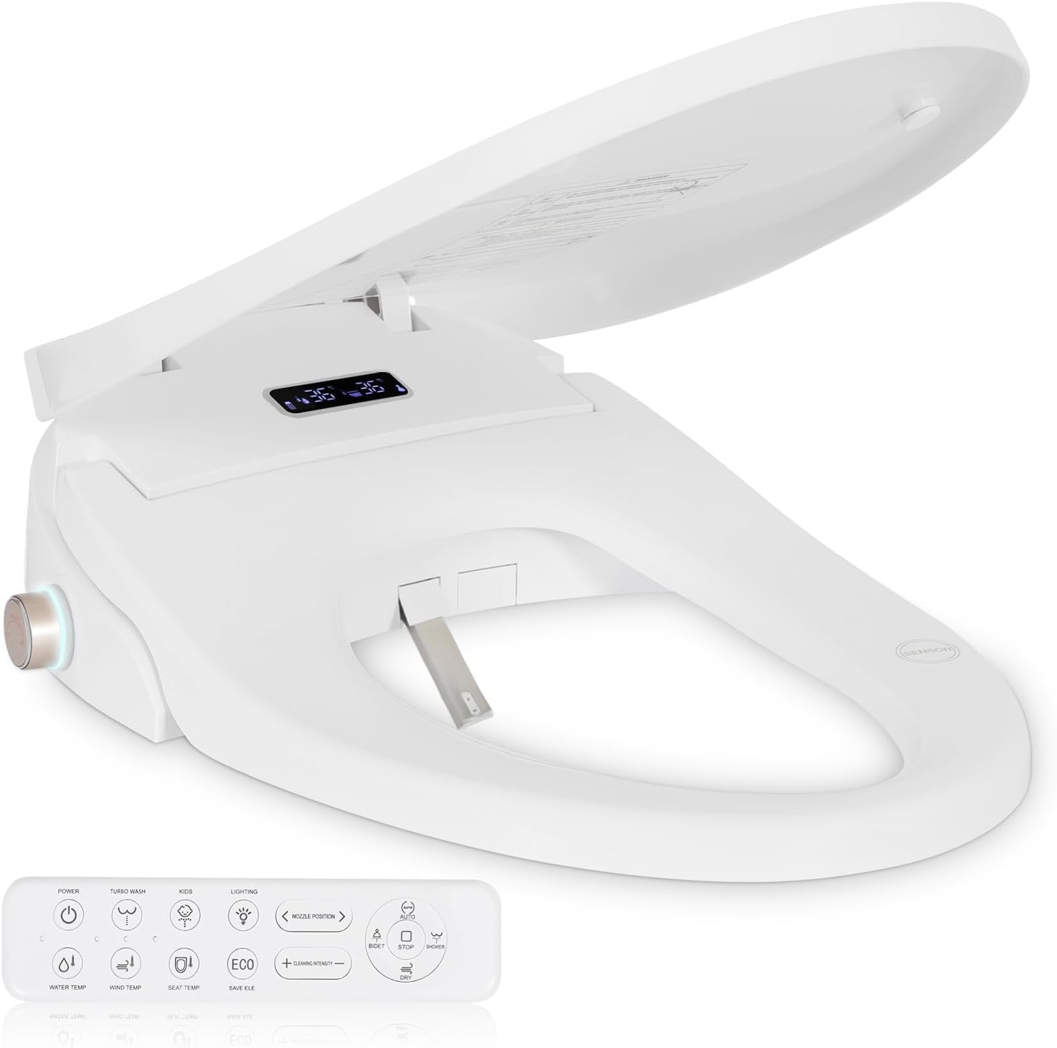 Smart Heated Toilet Seat for Elongated V-Shaped Toilets – Bidet Warm Water Wash, Self-Cleaning Nozzle, Warm Air Dryer, Deodorizer, Soft-Close Lid, LED Night Light & Remote Control, Easy Install