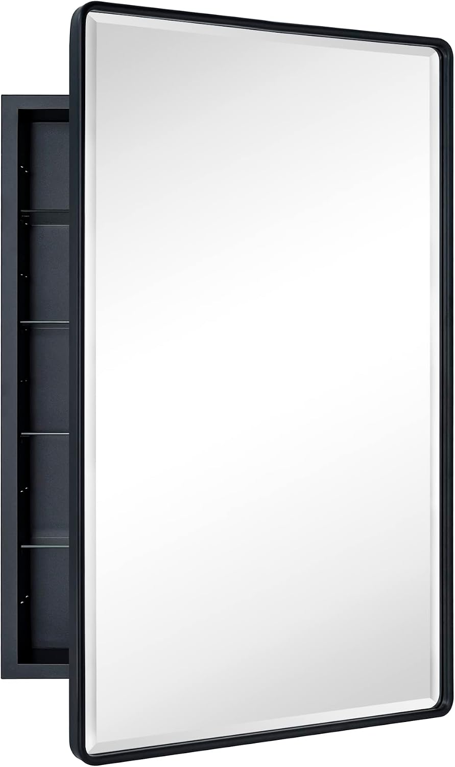 TEHOME Farmhouse Matt Black Recessed Bathroom Medicine Cabinet with Mirror Rounded Rectangle Metal Framed Medicine Cabinet with Beveled Mirror 24x36''