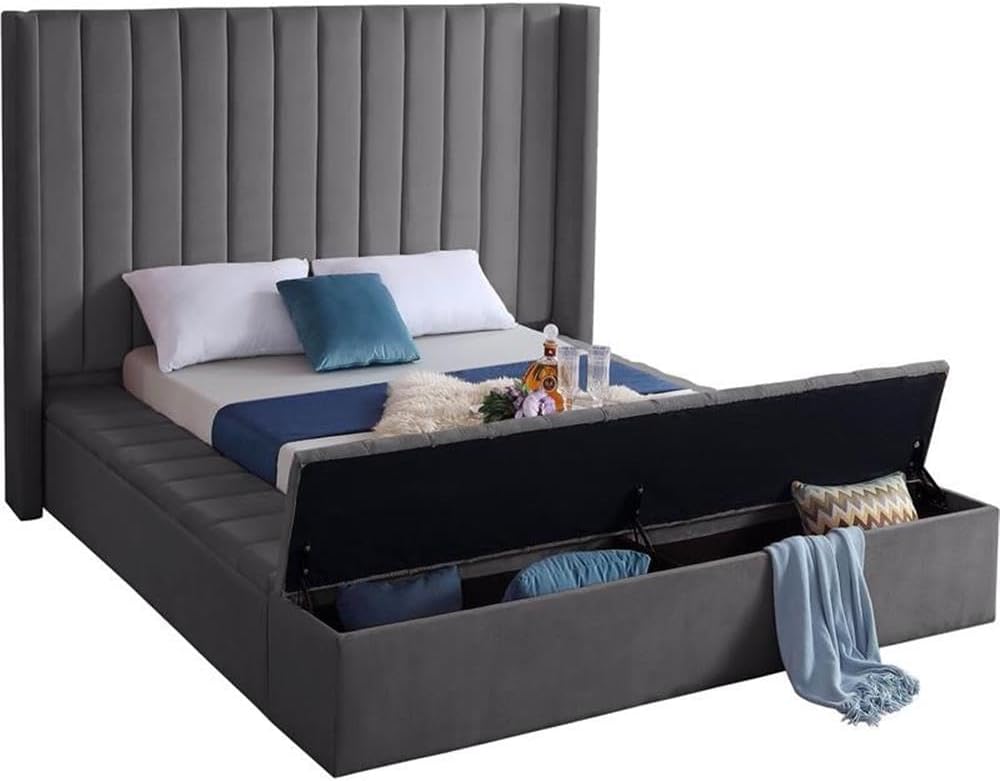 Meridian Furniture Kiki Collection Modern | Contemporary Velvet Upholsterd Bed with Channel Tufting, Siderails and Footboard Storage Compartments, Full, Grey