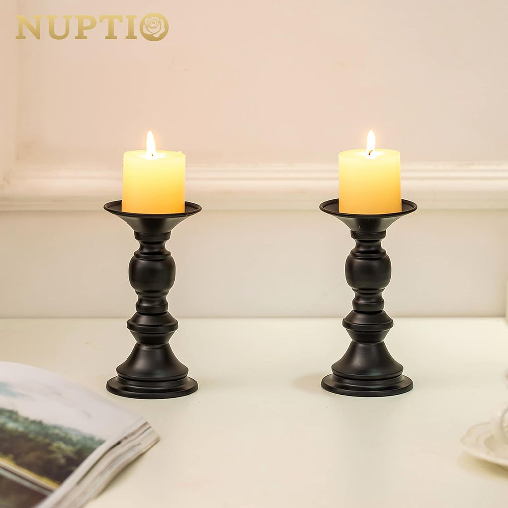Nuptio 10 Pcs Black Candle Holders for Pillar Candles, Metal Candle Holder for 50mm Candles, Pillar Candle Holder Centerpieces for Wedding Anniversary Housewarming Christmas Party Tables