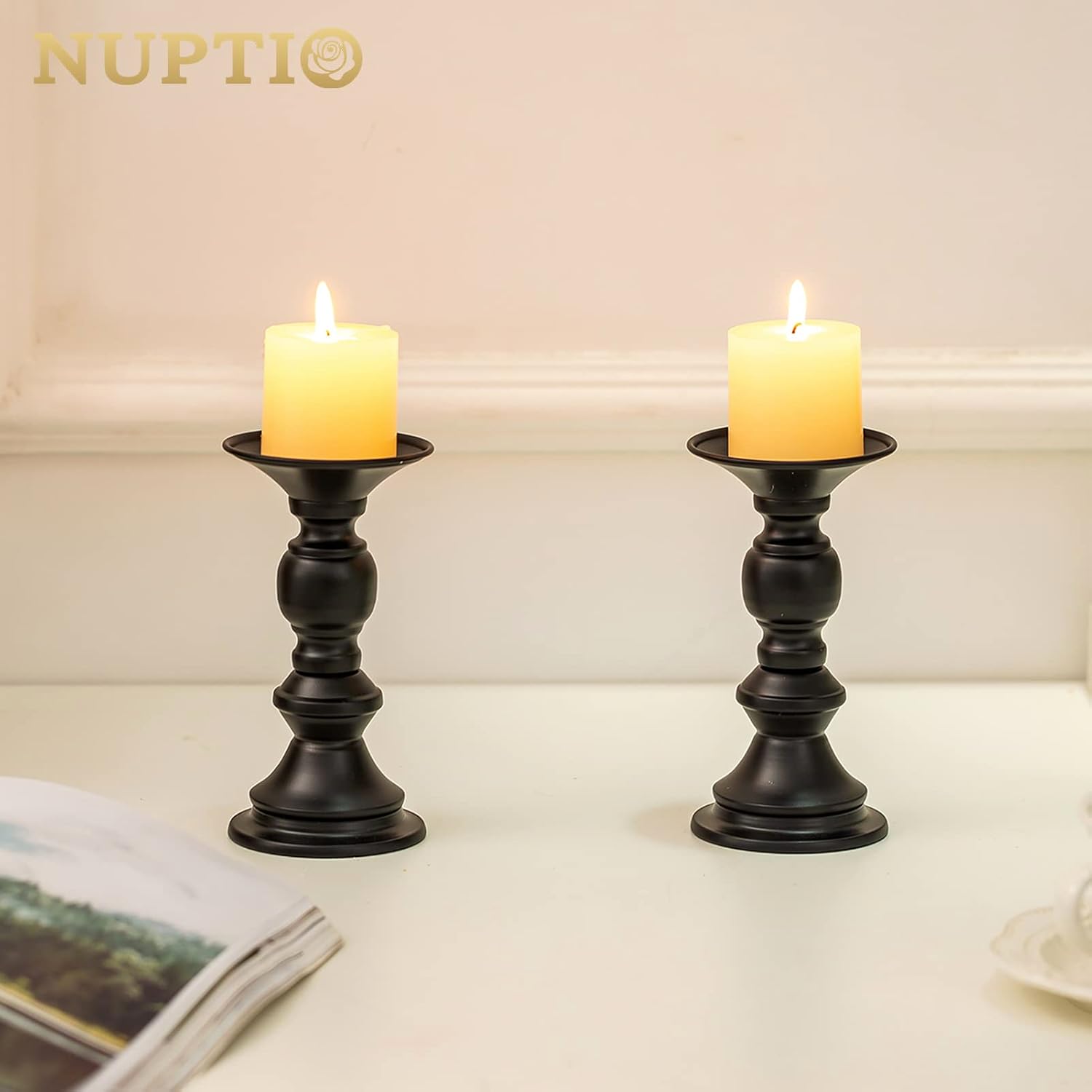 Nuptio 10 Pcs Black Candle Holders for Pillar Candles, Metal Candle Holder for 50mm Candles, Pillar Candle Holder Centerpieces for Wedding Anniversary Housewarming Christmas Party Tables