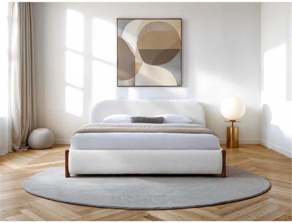 Pemberly Row Upholstered Platform King Bed, White Cream Bouclé Fabric, Solid Wood Legs, Durable Slat Base, No Box Spring Required, Modern Design, 38.2' H x 85.3' W x 87.8' D, Cozy Bedroom Furniture