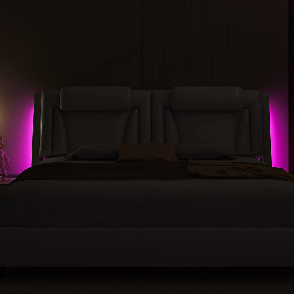 Keyluv Modern Upholstered King Bed Frame with Adjustable LED Headboard, Wave-Like Curve Design, Solid Wooden Slats Support, No Box Spring Needed, Noise Free, White