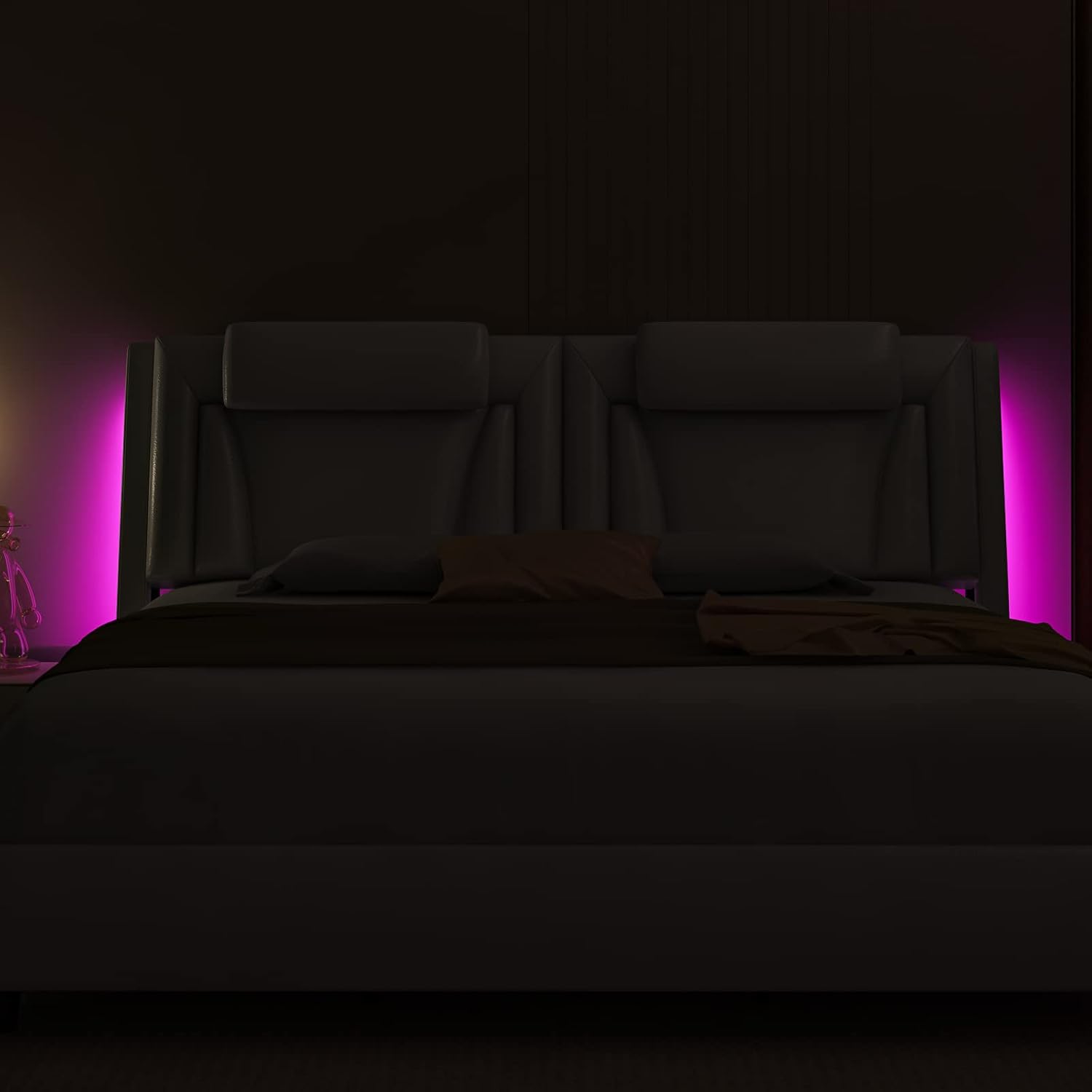 Keyluv Modern Upholstered King Bed Frame with Adjustable LED Headboard, Wave-Like Curve Design, Solid Wooden Slats Support, No Box Spring Needed, Noise Free, White