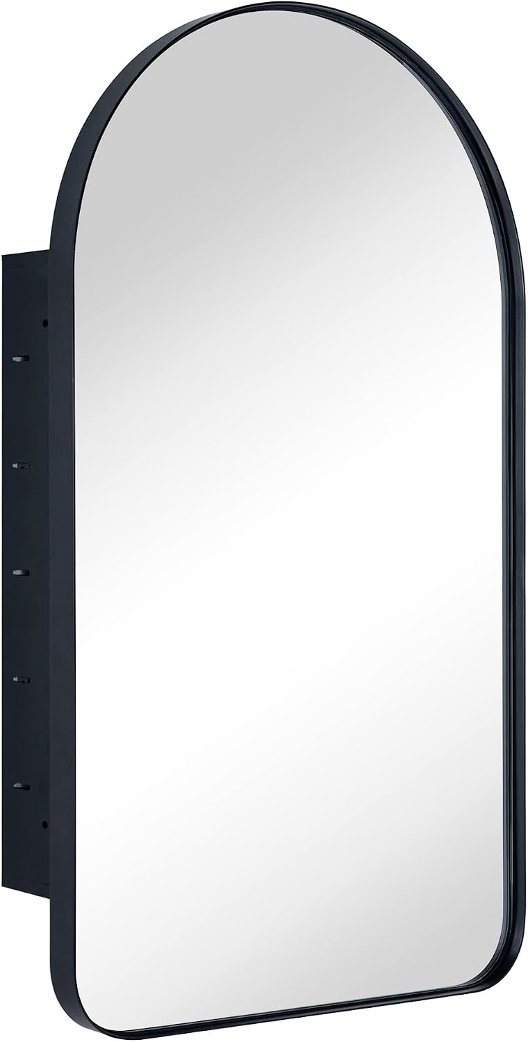 Matt Black Arched Recessed Bathroom Medicine Cabinet with Mirror Stainless Steel Metal Framed Rectangular Bathroom Cabinet with Mirror 16x28.3''