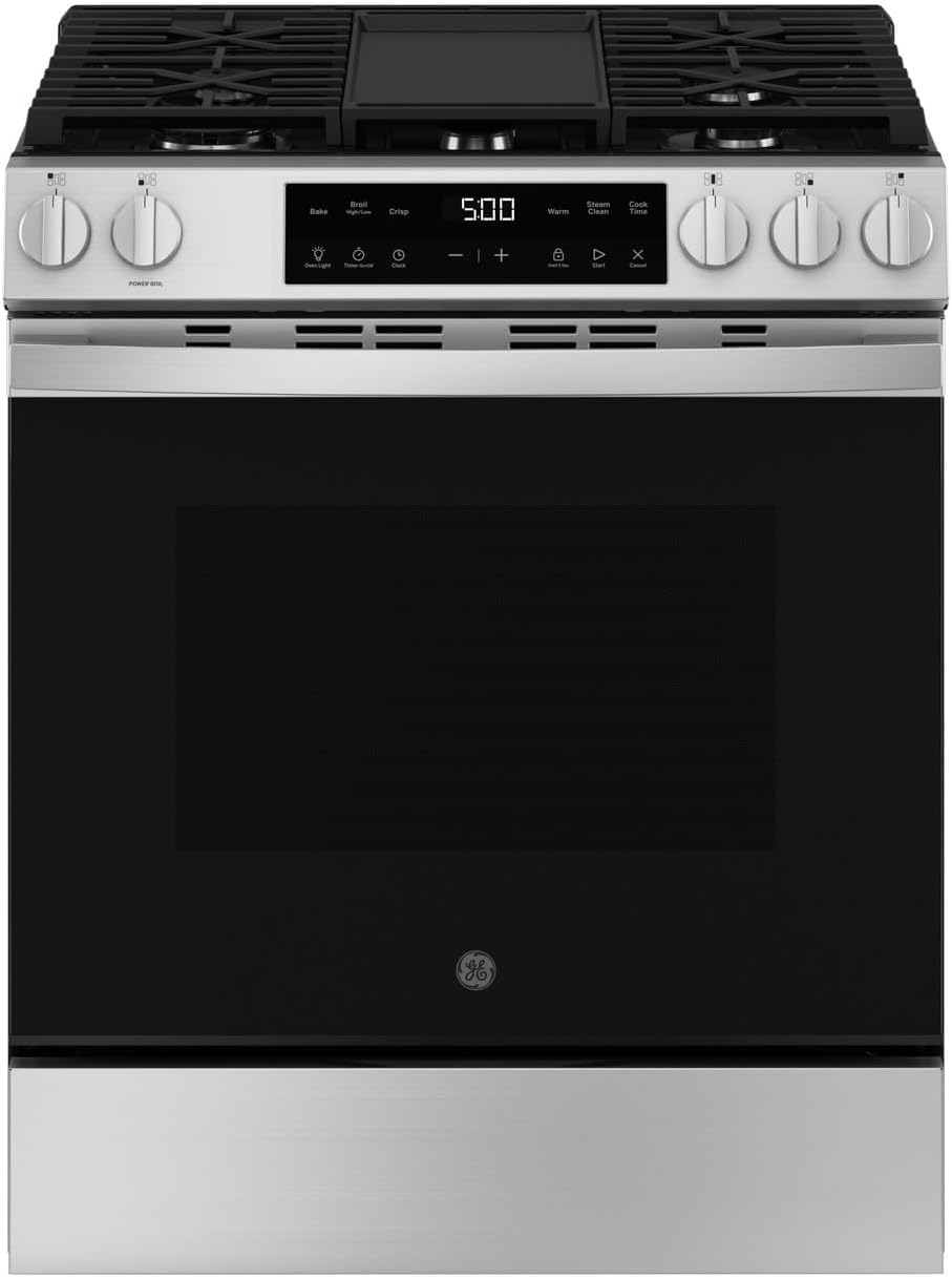 GE 30' Slide-In Front-Control Gas Range, 5.3 Cu. Ft. Oven, 5 Sealed Burners, Crisp Mode & Steam Clean, Stainless Steel – GGS500SVSS