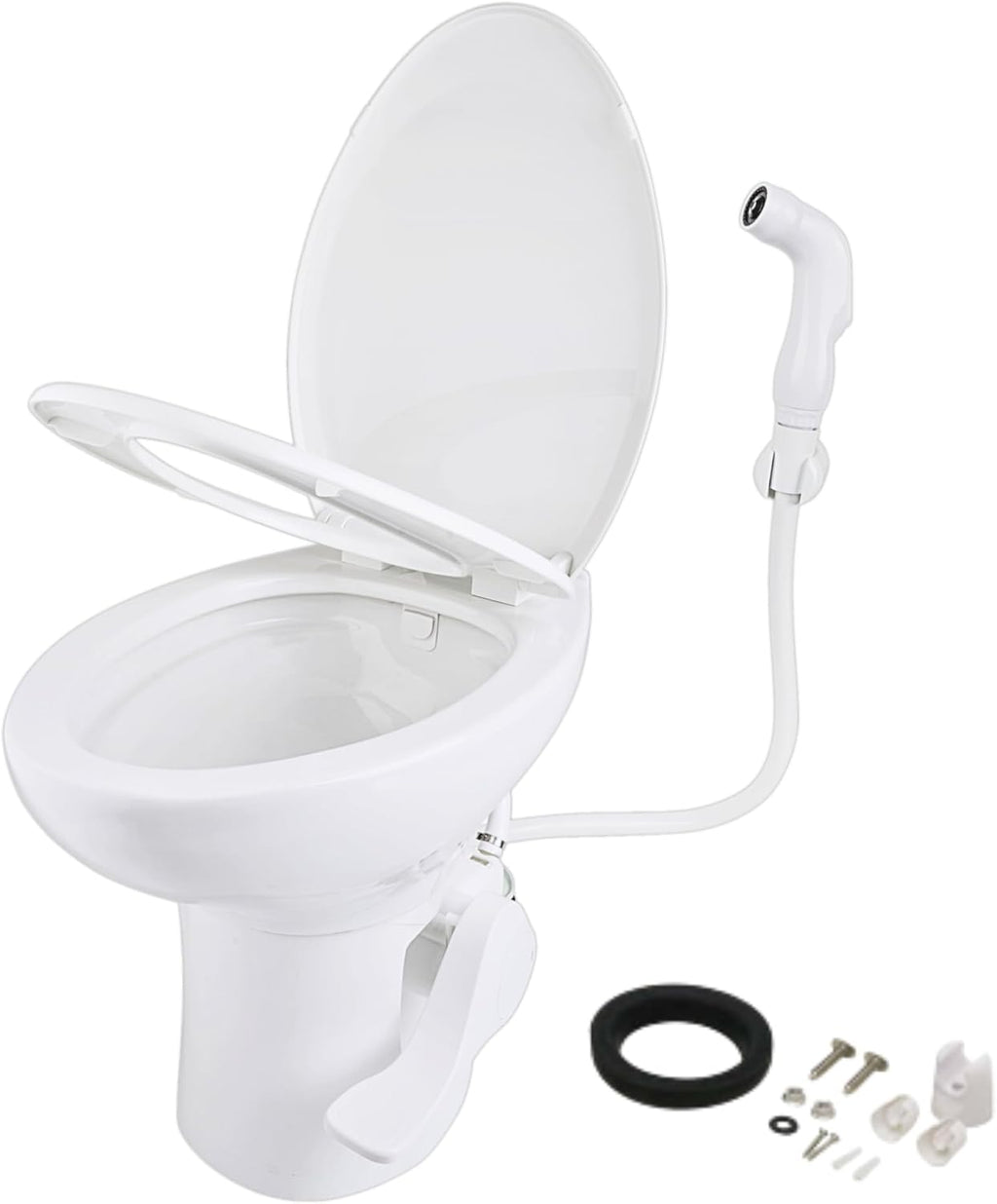 SEAFLO Porcelain RV Toilet with Sprayer Attachment - Elongated Bowl 19' Inch Residential Height, Gravity Flush, Foot Pedal Soft Close Seat Camper Motorhome Easy Install 4 -year Warranty SFRTCH-02-02
