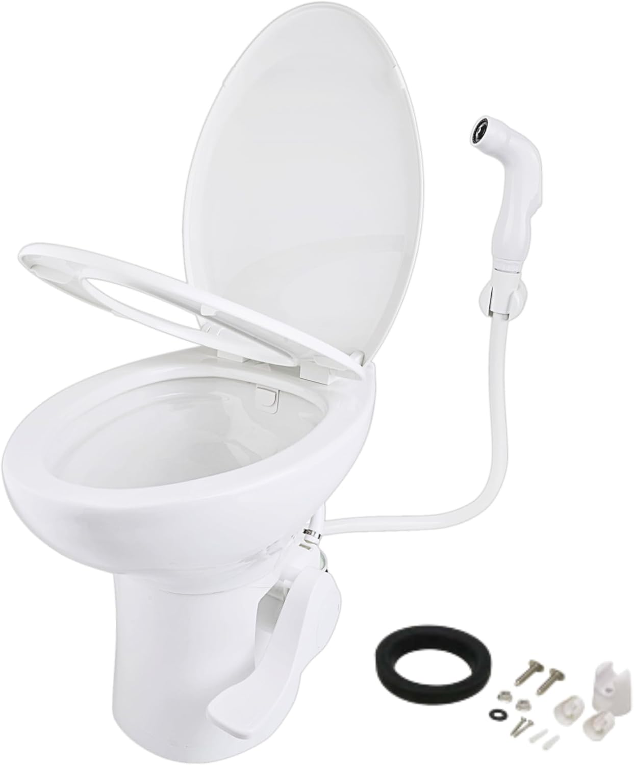 SEAFLO Porcelain RV Toilet with Sprayer Attachment - Elongated Bowl 19' Inch Residential Height, Gravity Flush, Foot Pedal Soft Close Seat Camper Motorhome Easy Install 4 -year Warranty SFRTCH-02-02