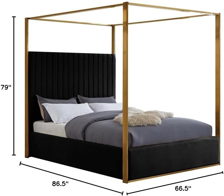 Meridian Furniture JonesBlack-Q Jones Collection Modern | Contemporary Upholstered Queen Bed, Black Velvet, Channel Tufting, Brushed Brass Frame, 66.5' W x 86.5' D x 79' H, Black, Queen