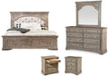 Pemberly Row Solid Wood Queen Panel Bed, Driftwood Gray Finish, Upholstered Button Tufted Headboard, Cream Fabric with Antique Brass Nail Trim, Elegant Vintage Bedroom Furniture 68' H x 67.5' W x 90'