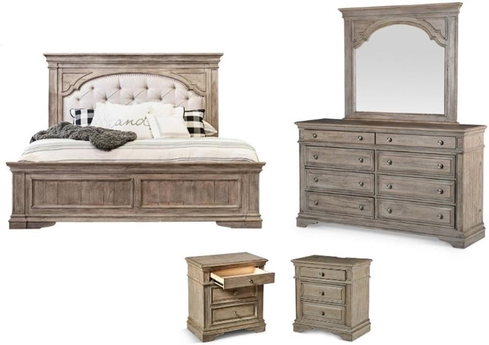 Pemberly Row Solid Wood Queen Panel Bed, Driftwood Gray Finish, Upholstered Button Tufted Headboard, Cream Fabric with Antique Brass Nail Trim, Elegant Vintage Bedroom Furniture 68' H x 67.5' W x 90'
