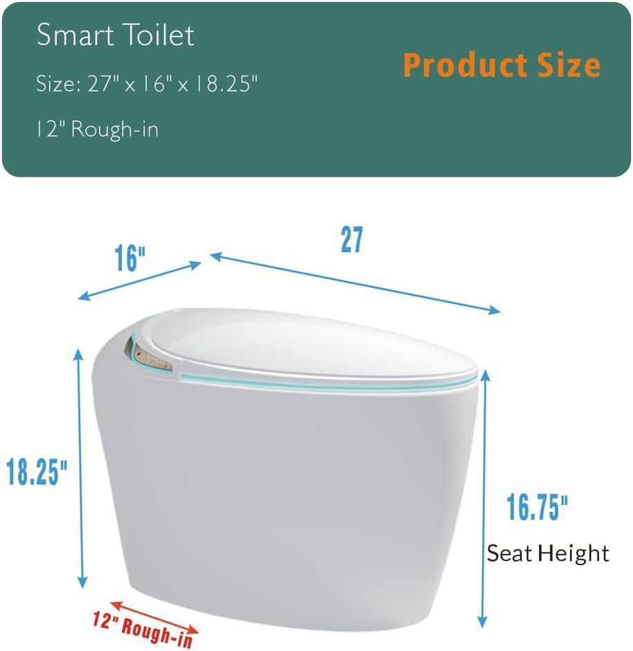 Unique Smart Toilet with Bidet, Auto Open/Close Seat, Foot Sensor, LED Display, Night Light, Warm Water & Dryer, Intelligent One-Piece Toilet for Modern Bathroom, White