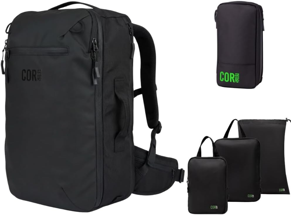 COR Surf Carry On Travel Backpack Bundle | Island Hopper Travel Backpack with Toiletry Bag and Compression Packing Cube Set