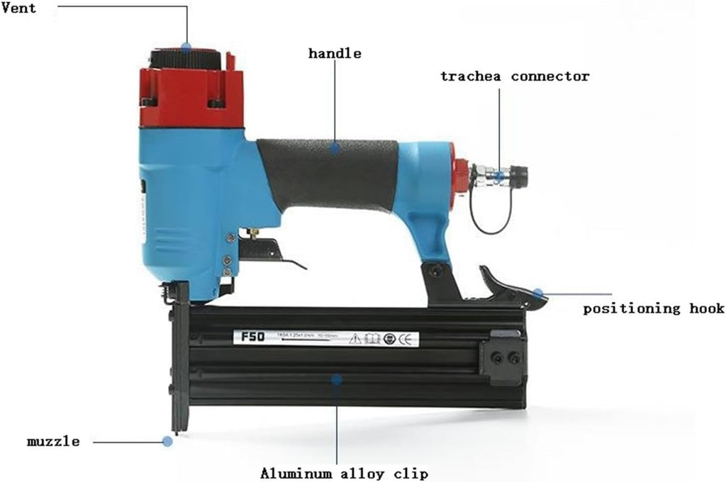 Professional Heavy Duty Stapler F50 Pneumatic Straight Nail Gun Brad Nailer Woodworking Tool Pressure 4-8Mpa Length 10-50MM Capacity
