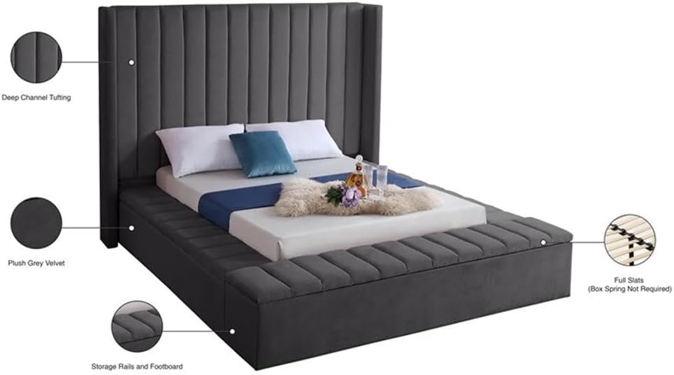 Meridian Furniture Kiki Collection Modern | Contemporary Velvet Upholsterd Bed with Channel Tufting, Siderails and Footboard Storage Compartments, Queen, Grey