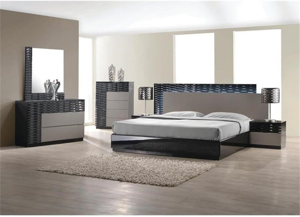 Pemberly Row 5-Piece Cal King Bedroom Set, Engineered Wood, High Gloss Black and Zebra Gray Finish, Platform Bed, Dresser, Mirror, 2 Nightstands, Modern Style Furniture for Contemporary Bedroom