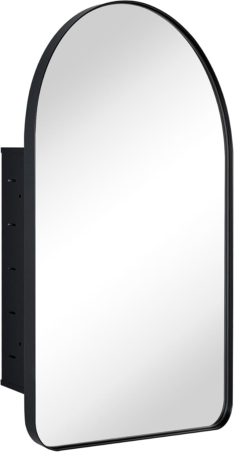 Matt Black Arched Recessed Bathroom Medicine Cabinet with Mirror Stainless Steel Metal Framed Rectangular Bathroom Cabinet with Mirror 20x30''