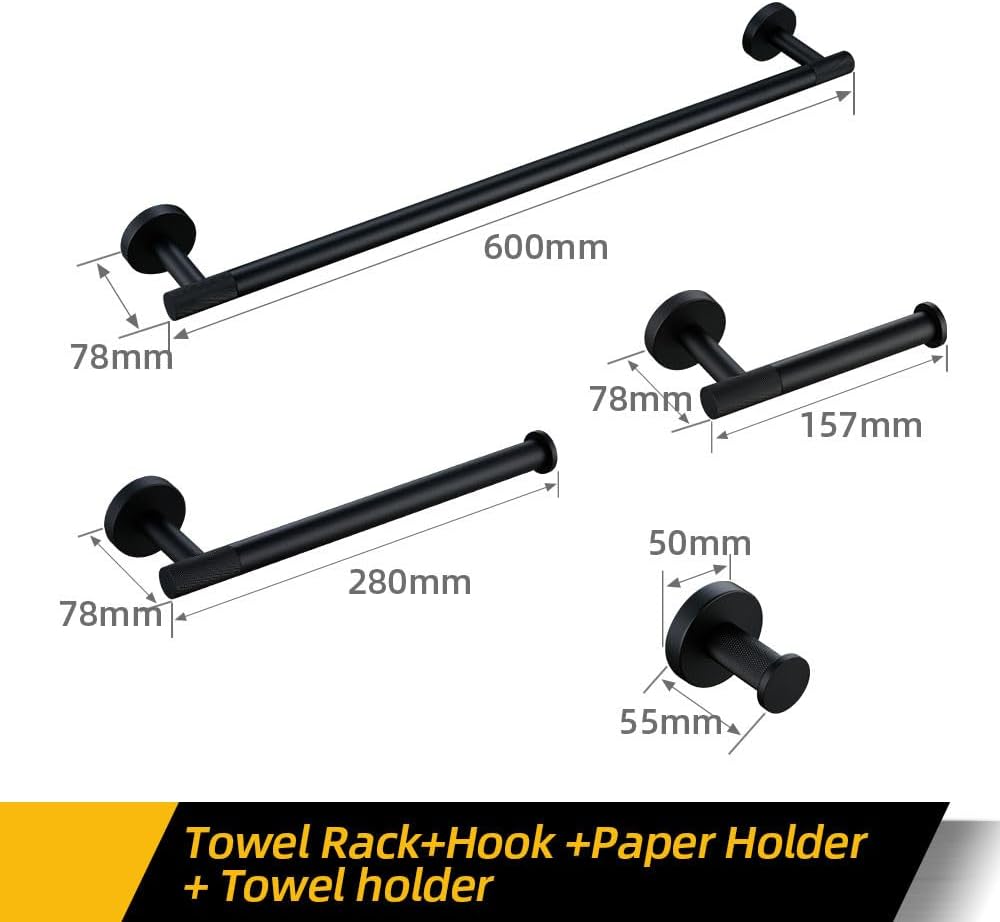 Modern Matte Black Bathroom Hardware Set with Towel Bar Bath Robe Hook Brass Knur Shelf Paper Tissue Holder Stylish Bathroom Accessories Kit for Towels and More
