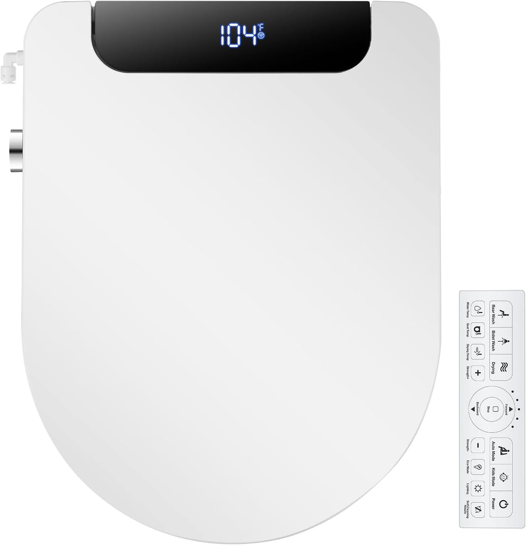 Electric Bidet Toilet Seat, Warm Water with Air Dryer, Heated Seat and Slow Close Lid, Front and Rear Wash, LED Nightlight, Wireless Remote, Round, 102D