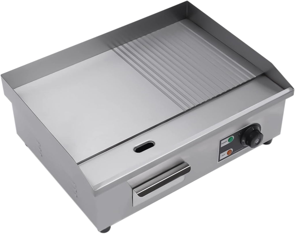 Commercial Countertop Grill 110V 1600W Electric Flat Top Griddle Grill 21.7'x13.8' Flat & Fluted Stainless Steel Flat Top Teppanyaki Griddle Nonstick BBQ Grill Temperature Range 122-572°F