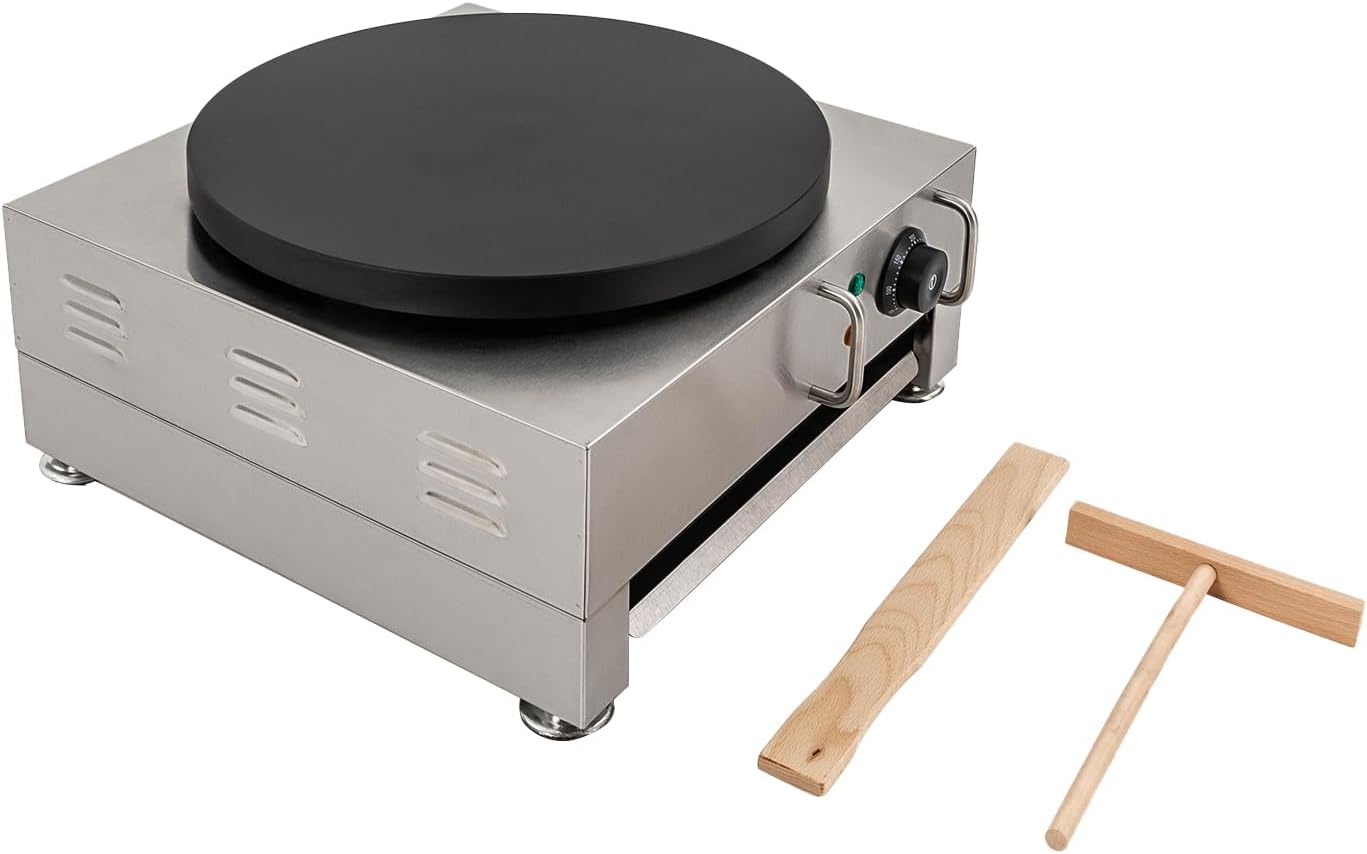 Commercial Electric Crepe Maker Machine, 16 Inch Non-Stick Large Griddle Machine with Adjustable 50-300℃, 1650W 110V Stainless Steel Surface Pancake Maker with Wooden Spreader for Kitchen