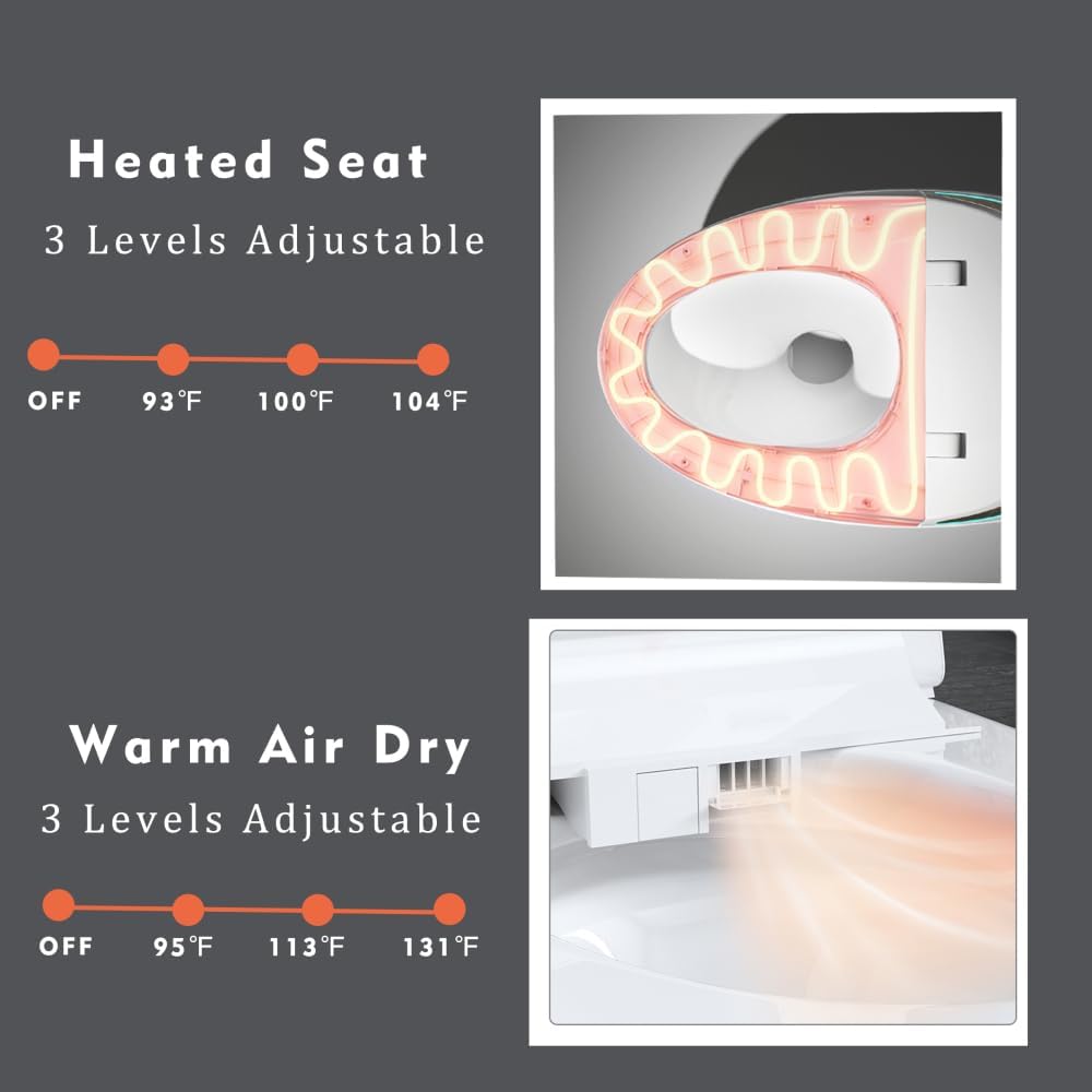 Unique Smart Toilet with Bidet, Auto Open/Close Seat, Foot Sensor, LED Display, Night Light, Warm Water & Dryer, Intelligent One-Piece Toilet for Modern Bathroom, White