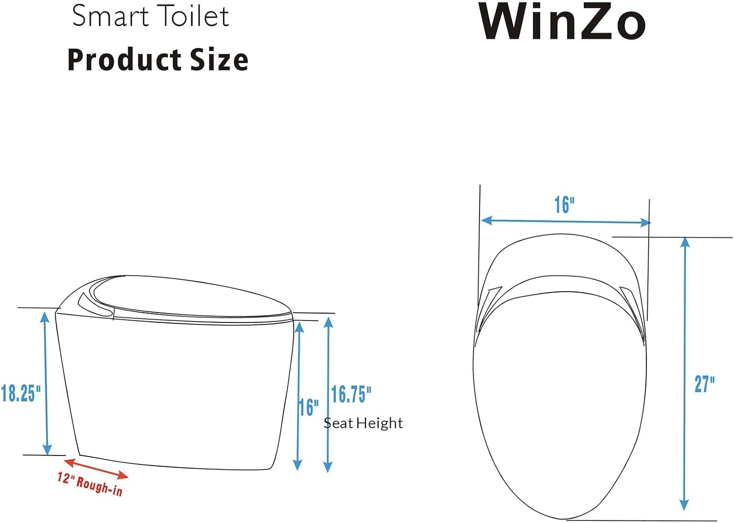 WinZo Luxury Smart Toilet With Bidet Seat, Elongated Egg Shaped Modern Design, Auto Open Auto Flush, Adjusted Heated Seat, Warm Water and Dryer, Night Light, Side Buttons, Glossy White
