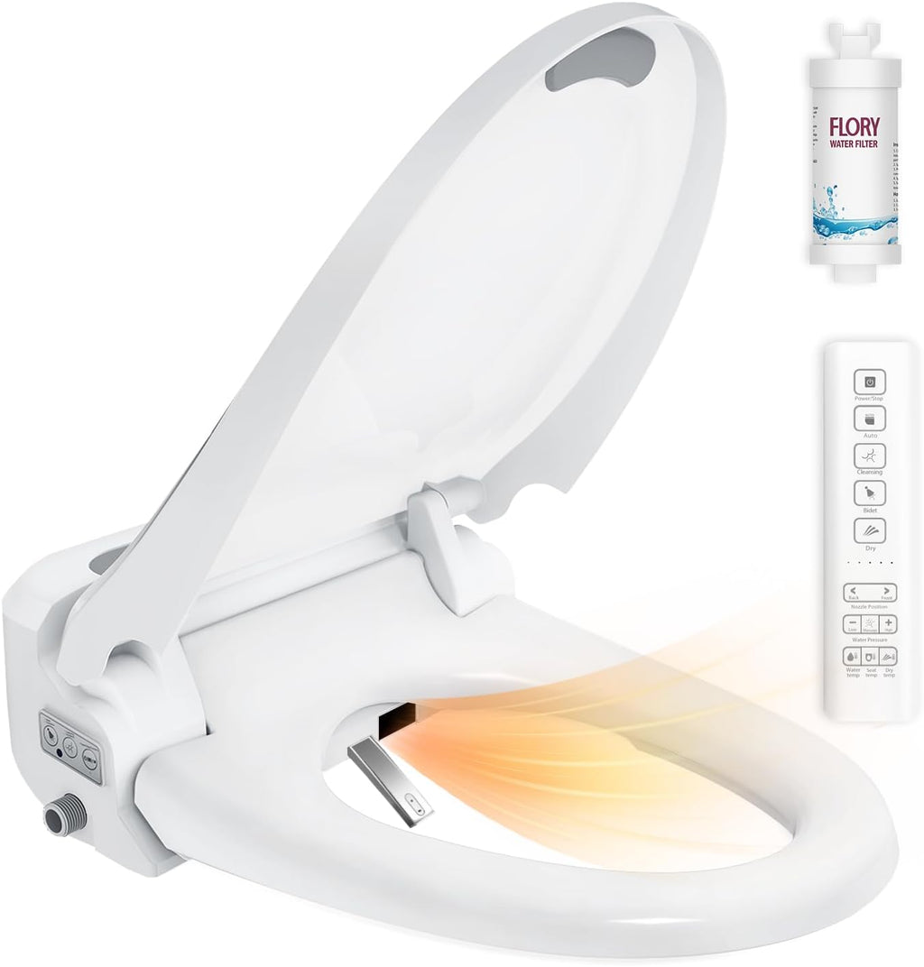 R FLORY Electric Bidet Toilet Seat Elongated Heated Toilet Seat with Bidet Slow Close Lid, Remote Control, Air Pump Flushing, Adjustable Self-Clean Nozzle, Instant Warm Water, Air Dryer, Night Light