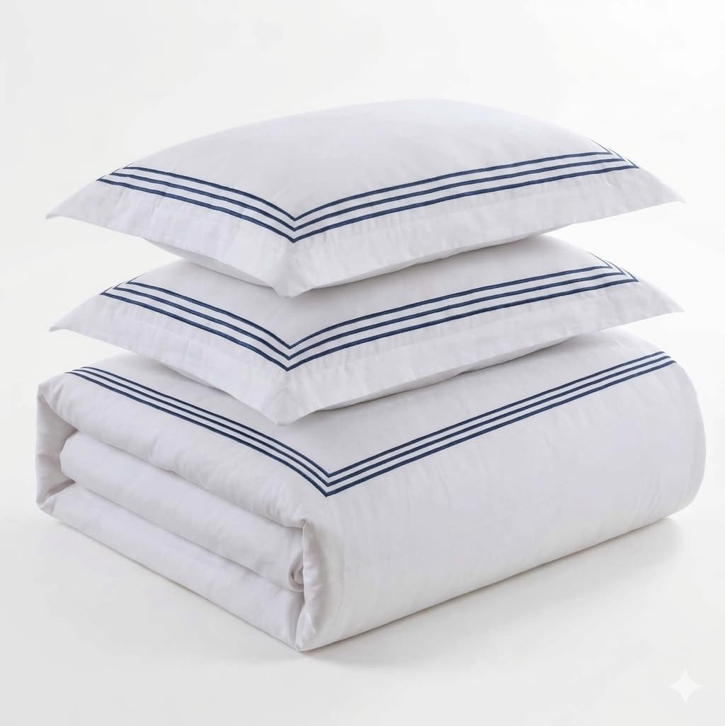 Royal Tradition 3pc Percale Duvet Cover Set (King/Calking, Navy) Adeline Embroidered Comforter Cover with Pillow Shams