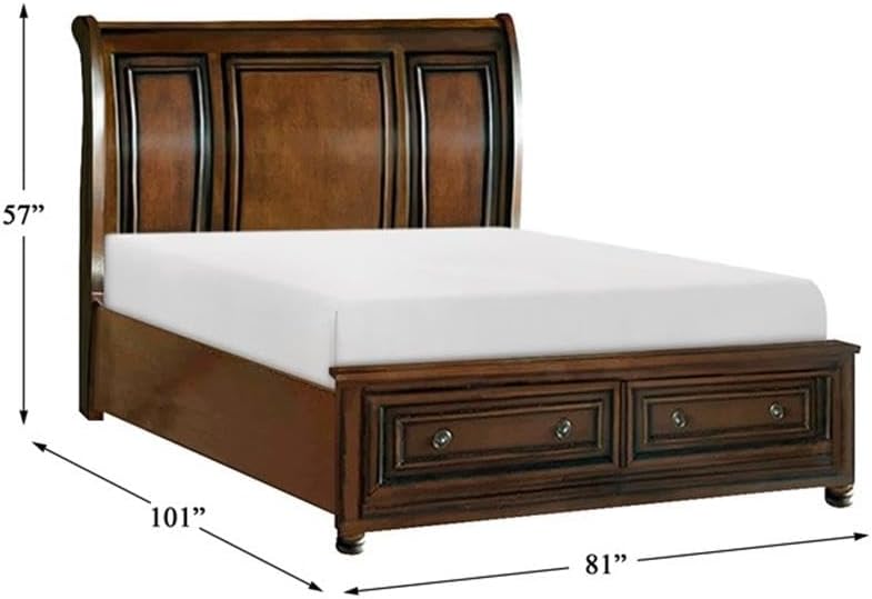 Pemberly Row California King Sleigh Bed, 2 Drawers, Wood and Birch Veneer, Brown Cherry Finish, Includes Headboard, Footboard, Slats, Rails, Storage Bed for Transitional Bedroom Use