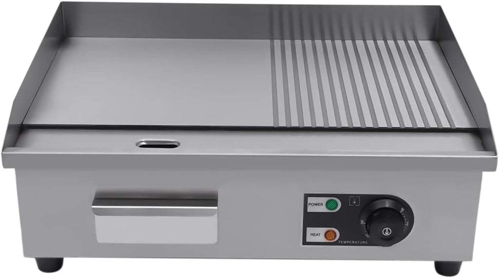Commercial Countertop Grill 110V 1600W Electric Flat Top Griddle Grill 21.7'x13.8' Flat & Fluted Stainless Steel Flat Top Teppanyaki Griddle Nonstick BBQ Grill Temperature Range 122-572°F