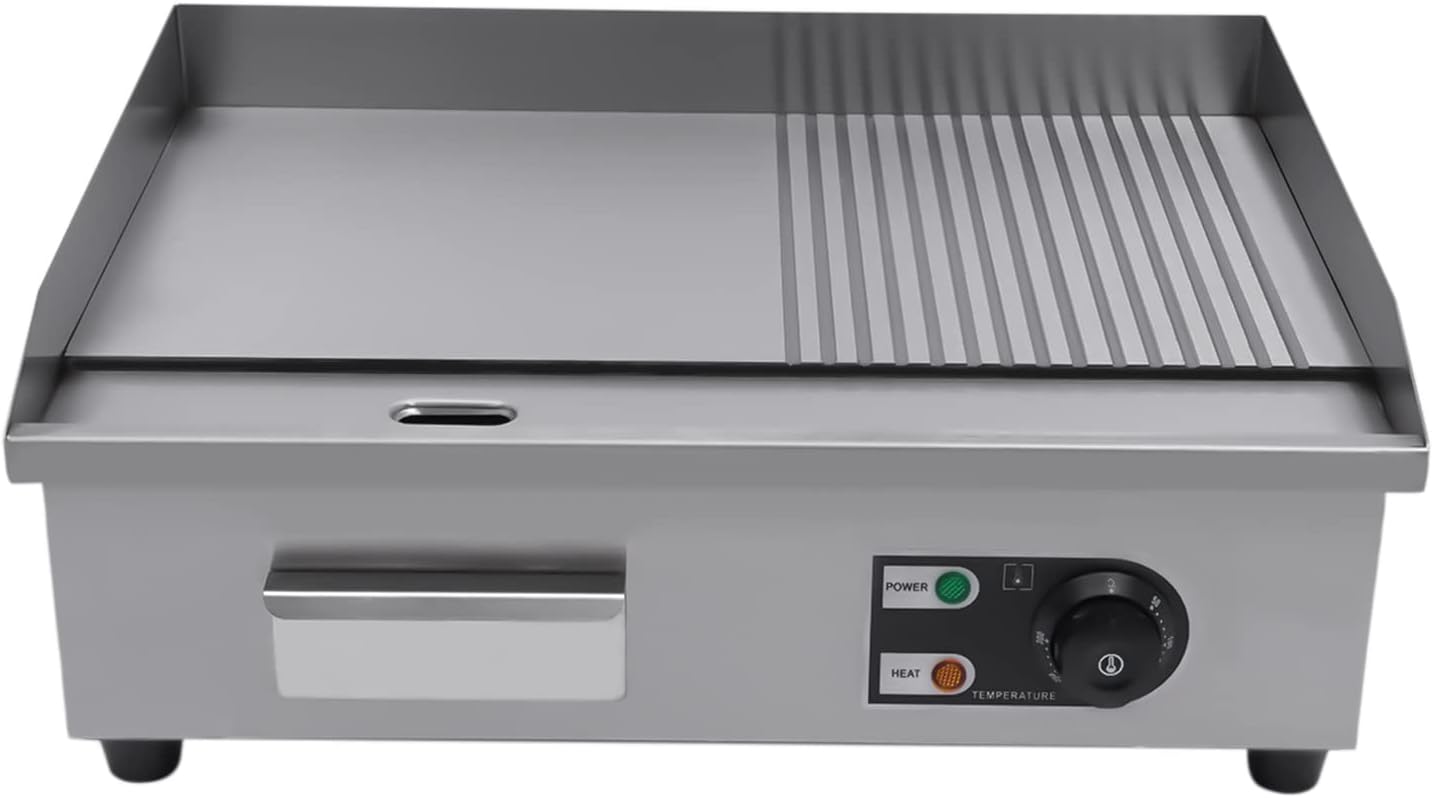 Commercial Countertop Grill 110V 1600W Electric Flat Top Griddle Grill 21.7'x13.8' Flat & Fluted Stainless Steel Flat Top Teppanyaki Griddle Nonstick BBQ Grill Temperature Range 122-572°F
