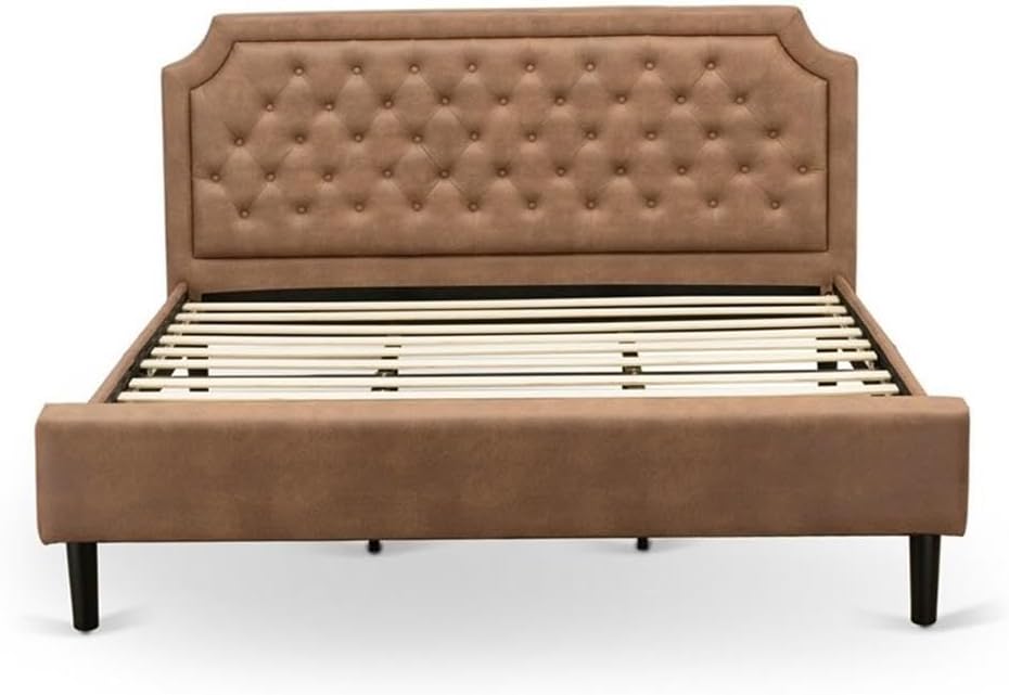East West Furniture GB28K-2HI0M 3-Piece Granbury Bedroom set with Button Tufted King Bed and 2 Antique Mahogany Mid Century Nightstand - Brown faux Leather with Brown Texture and Black Legs