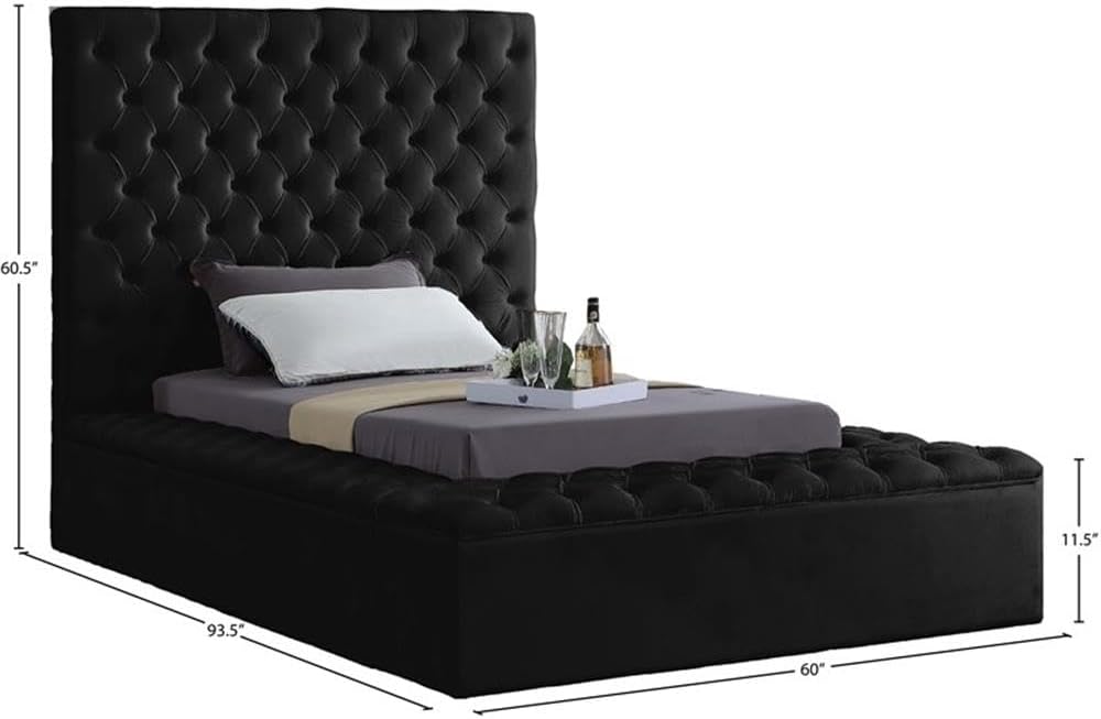 Pemberly Row Modern Solid Wood Tufted Velvet Twin Bed, Black Fabric, Deep Tufted Upholstery, Storage Rails and Footboard, Full Slats, No Box Spring Needed, 60.5' Headboard, Contemporary Bedroom