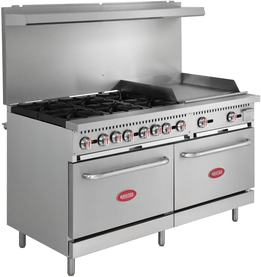 Kratos Commercial Gas Range, Oven & Griddle - 6 Burners, 2 Full Size Ovens and Griddle Plate (24' W), Liquid Propane Powered, 280,000 Total BTU Output, 60' W (29Y-046-LP)
