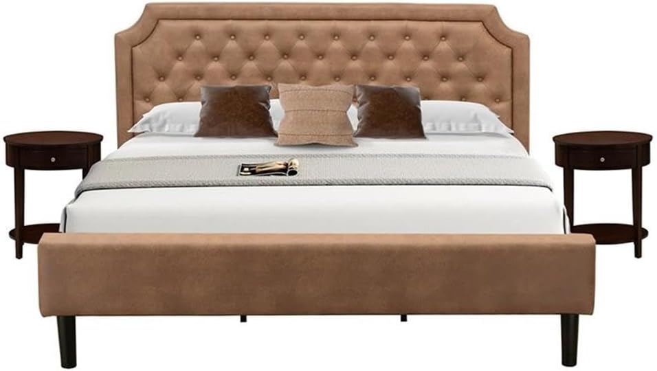 East West Furniture GB28K-2HI0M 3-Piece Granbury Bedroom set with Button Tufted King Bed and 2 Antique Mahogany Mid Century Nightstand - Brown faux Leather with Brown Texture and Black Legs